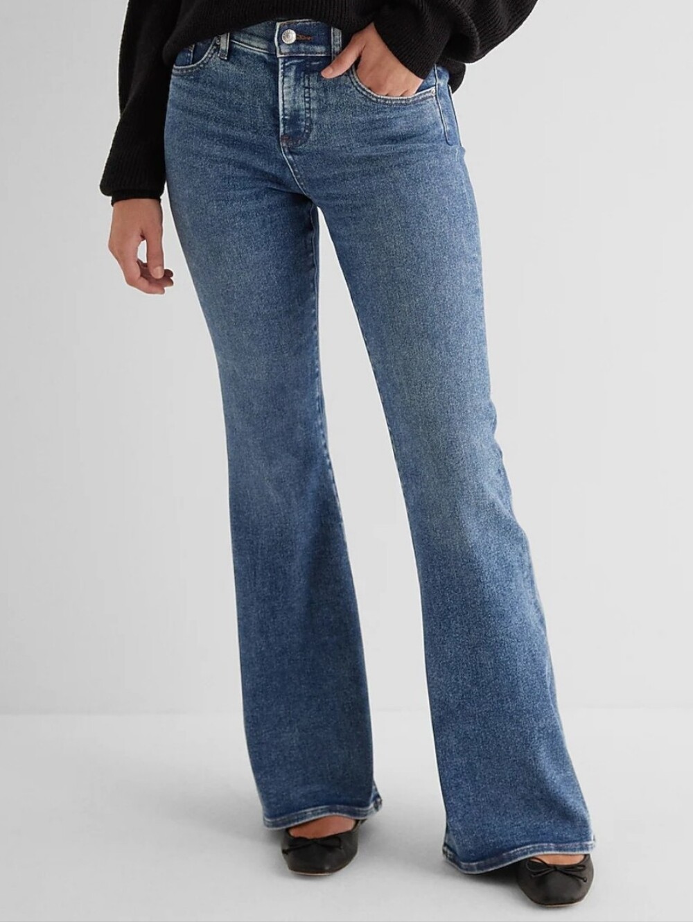 Express 70s Flare Jeans Mid Rise Blue Denim Boho Retro Stretch Size 8R Women - Picture 4 of 14